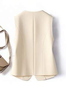 SHEIN LUNE Áo kiểu dáng cổ điển thanh lịch, giản dị, cổ tròn, không cài cúc phía trước dành cho nữ. - Màu be - Xem 2