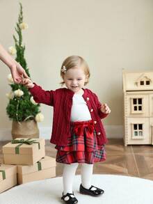 SHEIN Baby Girl Versatile Autumn/Winter/Christmas Set: Solid Red Round Neck Long-Sleeved Top Paired With A Red Plaid Elastic Waist Skirt. Perfect For Christmas Gifts, Autumn Dresses, Christmas Celebrations, Back-To-School Wear, And Carnivals. - Burgundy - View 2