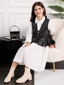 Sparklyn Christmas,Halloween Clothing For Kids,Winter,Wednesday,Black Dress,Tween Girls Fashion Camisole & Collared Dress Set - Black and White - View 4