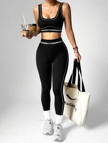 Dewbera 对比条纹吊带背心和紧身裤无缝运动套装 - 黑色 - 查看 2