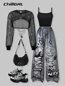 SHEIN ChillGRL 3pcs/Set Girls Casual Street Style Mesh Long Sleeve Crop Top, Minimalist Sleeveless Tank, And Star Print Wide Leg Pants, Suitable For Outing And Gathering