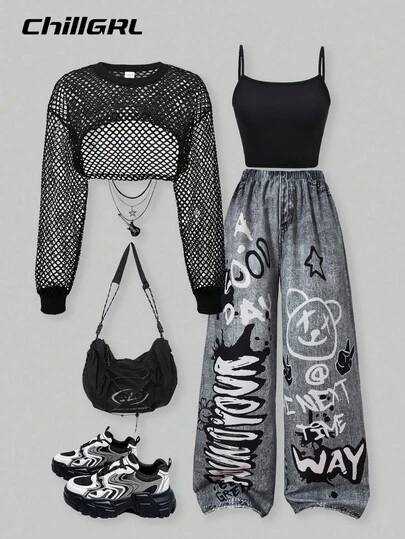 SHEIN ChillGRL 3 st/set flickor casual streetstyle mesh långärmad crop top, minimalistiskt ärmlös linne och stjärnmönster vida byxor, lämplig för utflykter och sammankomster