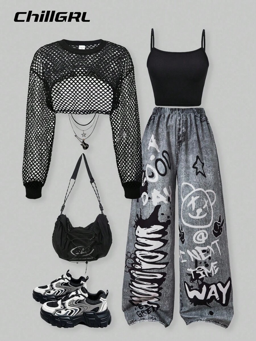 SHEIN ChillGRL 3pcs/Set Girls Casual Street Style Mesh Long Sleeve Crop Top, Minimalist Sleeveless Tank, And Star Print Wide Leg Pants, Suitable For Outing And Gathering