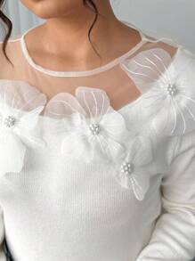 Elenzga Plus Size Mesh Patchwork Applique Elegant Long Sleeve Pullover Sweater Winter Fall Autumn