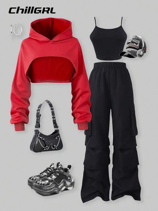 SHEIN Conjunto informal de 3 piezas para adolescente: sudadera con capucha de unicolor con dobladillo alto-bajo, camiseta de tirantes de unicolor y pantalones cargo, primavera-otoño