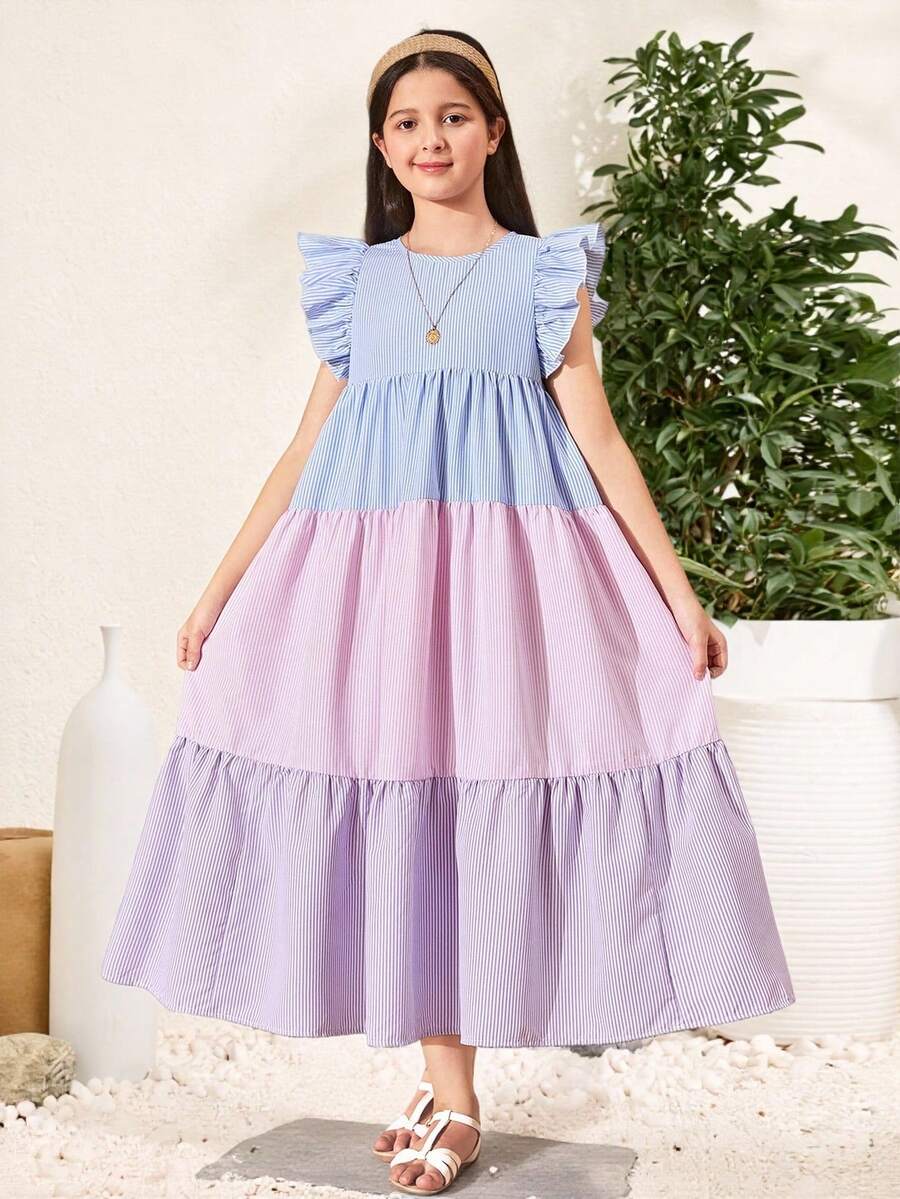 SHEIN Tweens Girls Woven Macaron Striped Splice Cute Cap Sleeve Open Back Bow Loose A-Line Long Dress, Suitable For Spring/Summer, Spring Outing, And Back To School - Multicolor - View 1