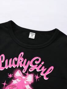 SHEIN Explorewe Tween Girls Letter & Fruit Print Crop Top And Bowknot Splicing Long Pants 2Pcs Outfit Set, School, Campus, College - Black - View 3