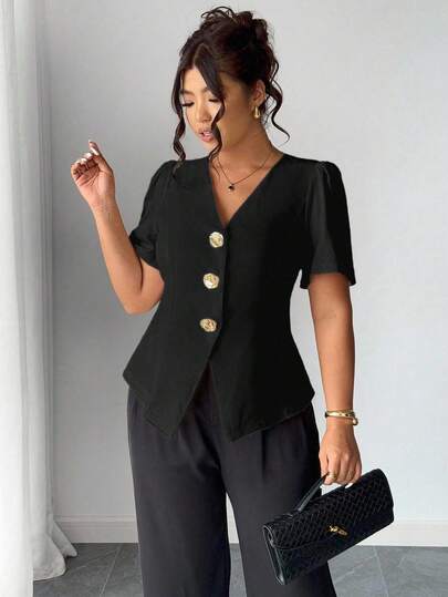 Elenzga Plus Size Fashion Decorative Rose Button Cardigan Shirt