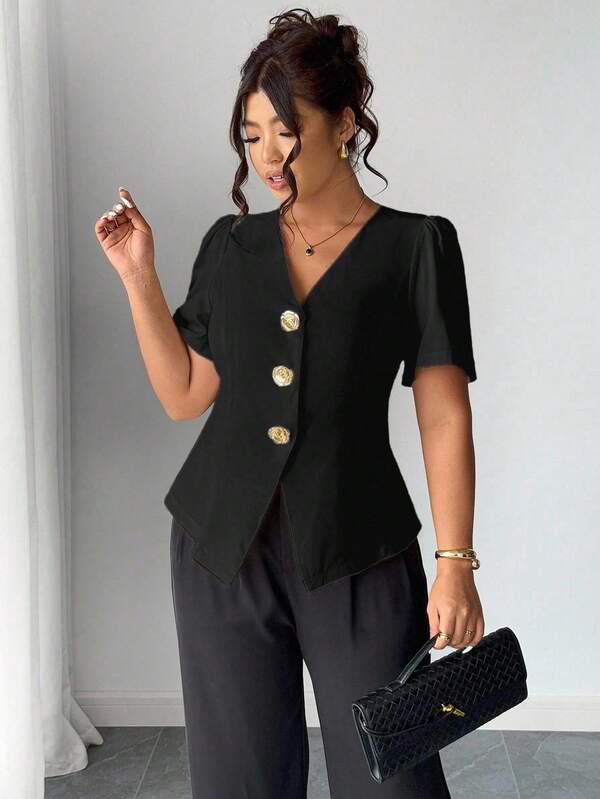 Elenzga Plus Size Fashion Decorative Rose Button Cardigan Shirt