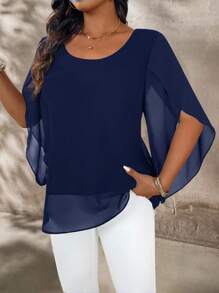 EMERY ROSE Plus Size Women's Plus Size Cap Sleeve Sheer Slim Fit Blouse - Navy Blue - View 5