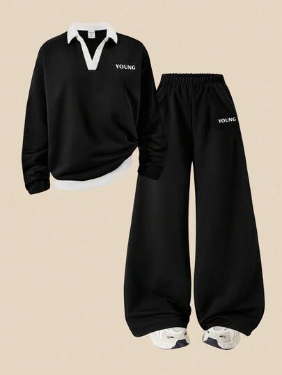 SHEIN Explorewe 2 件套青少年女孩时尚休闲长袖 V 领运动衫，字母印花设计，宽松侧袋直筒裤，适合圣诞节、万圣节、秋冬季