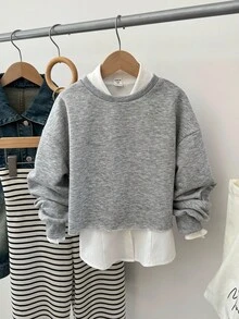 SHEIN Tween Girls 深灰色短款连帽衫，高腰长袖休闲简约纯色运动衫，适合秋冬日常休闲穿着 - 灰色 - 查看 2
