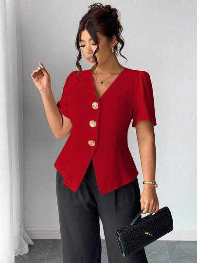 Elenzga Plus Size Fashion Decorative Rose Button Cardigan Shirt