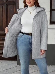 EMERY ROSE Plus Size Solid Color Minimalist Hooded Long Sleeve Sweatshirt, Casual Everyday Wear,Winter Clothes,Chic Autumn&Winter Fall - Grey - View 9