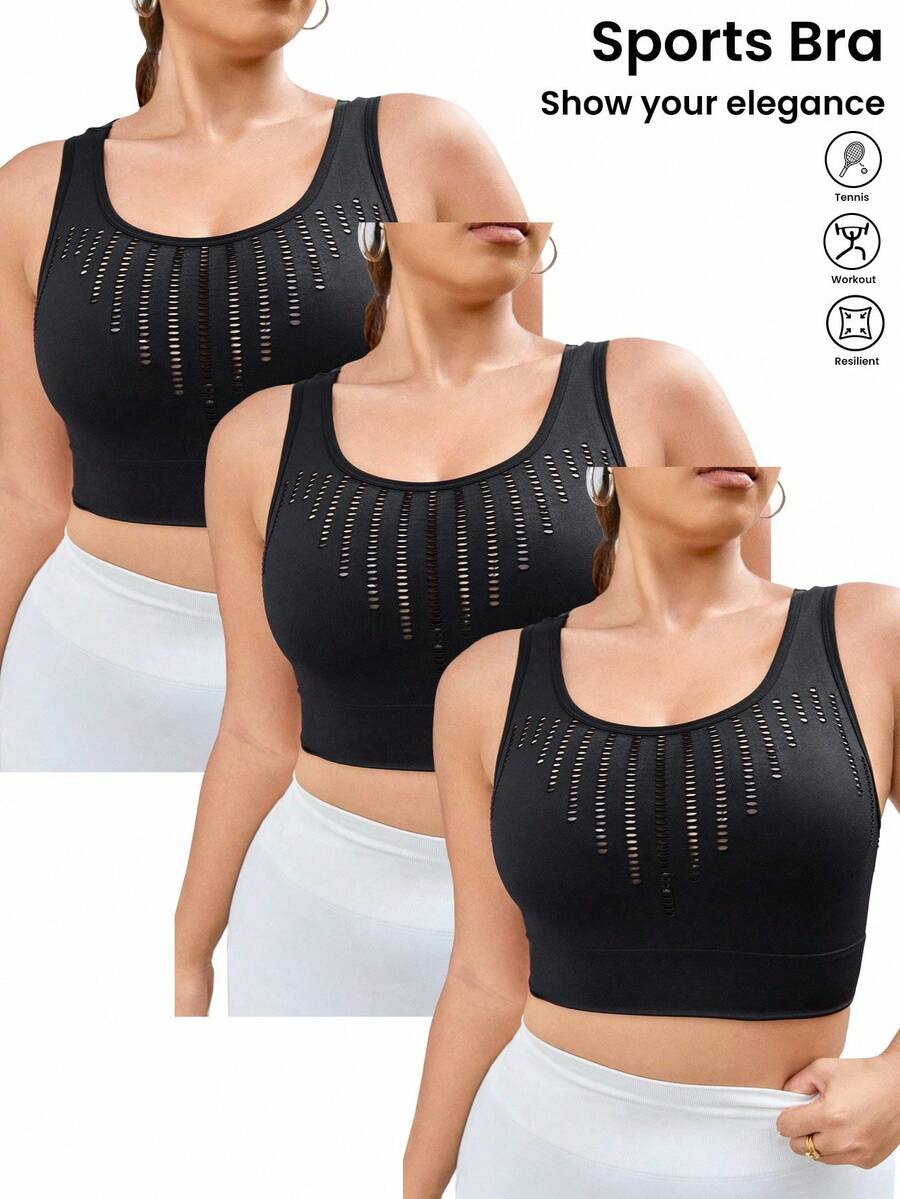 Rhythm Era 3-częściowy zestaw biustonoszy sportowych z siateczki bezszwowej z odkrytymi plecami w dużych rozmiarach - Czarne - Zobacz 1