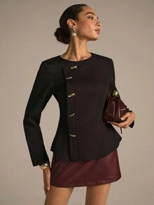 Modelyn 编织无弹力黑色长袖金属纽扣修身户外衬衫，时尚优雅，适合女性，女士秋季服装，女士西装外套，女士优雅衬衫 - 黑色 - 查看 7