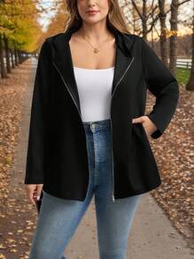 Comfylo 大码女式冬季外套，大码秋季休闲黑色外套，万圣节服装，女式冬季拉链连帽外套，带口袋，飞行员夹克，女式黑色外套，口袋设计，适合秋冬季外出穿着，秋季百搭。 - 黑色 - 查看 11