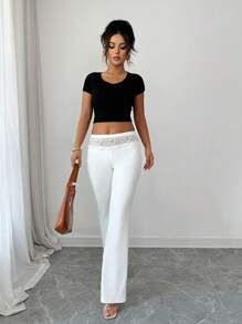 EMERY ROSE Women's Casual & Commuting Low Waist Contrast Lace Flare Pants Fall Cloth For Women - White - View 4