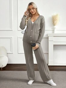 SHEIN Fashionable Solid Color Loose Knit Set, Maternity Sweater Set For Autumn/Winter - Grey - View 8