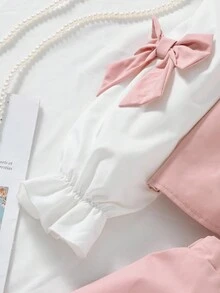 Tween Girl Colorblock Bow Decor Shirt & Skirt Set Fall Winter - Multicolor - View 5