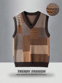 Manfinity CasualKnits 秋季大码男士复古休闲拼布图案V领毛衣背心 - 彩色 - 查看 1