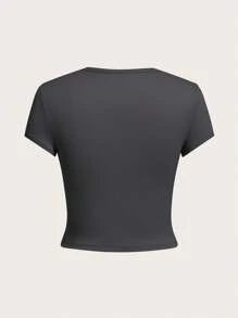 Comfortcana 4pcs/Set Solid Color Cropped Round Neck Short Sleeve Fitted Women T-Shirt, Suitable For Summer