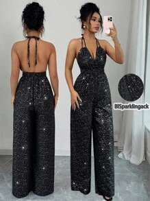 Rafferiza Minimalist Chic Black Silver Foil Crisscross Strap Plunge Deep V-Neck Backless Adjustable Waist Jumpsuit, Fitted Silhouette, Spring/Summer Bestseller - Black - View 1