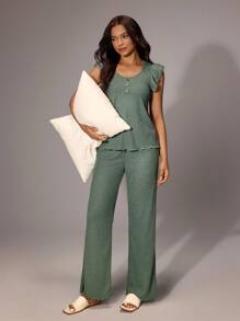 Lazeform Women's Casual Solid Color Waffle Ruffle Trim Short Sleeve Jumpsuit Women Lounge Set Sage Green Lounge Set