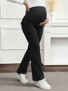 SHEIN Pregnant Women's Solid Color Pocketed High Waist Casual Flared Pants - Blue - View 4