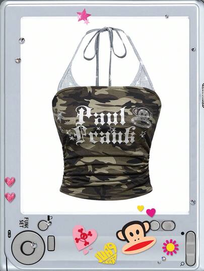 Paul Frank X ROMWE Camo & Letter Graphic Vintage Y2K Women Halter Neck Top