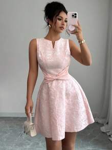 Elenzga 新款女士迷你连衣裙，采用褶皱设计，无袖，提花腰部蝴蝶结造型，修身剪裁，轻盈舒适，优雅甜美，适合春夏穿着。 - 粉色 - 查看 8