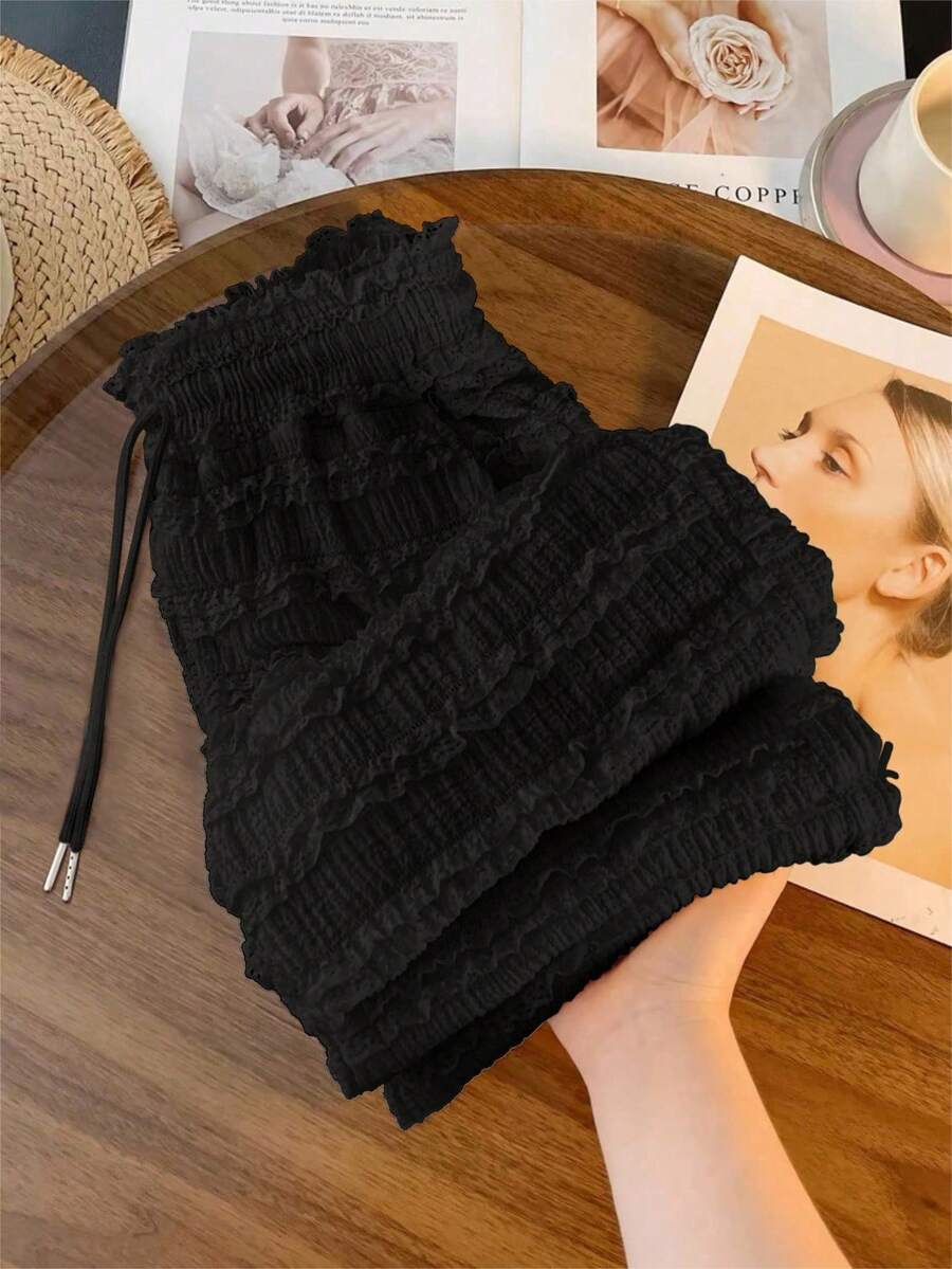 SHEIN Clasi Women's 2025 Summer French Retro Ruffle Hem Slim Straight Leg Long Casual Pants Fall Cloth For Women - Black - View 1