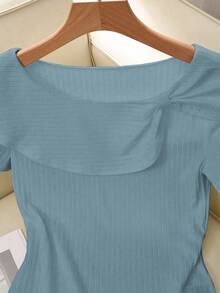 SHEIN Clasi 女士纯色扭纹设计短袖时尚T恤，夏季 - 藍色 - 查看 6