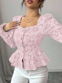 Elenzga Áo cánh tay đèn lồng họa tiết hoa jacquard thanh lịch dành cho nữ, áo peplum mùa thu - Hồng - Xem 6