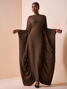 Zivah 2025 Autumn/Winter New Styles For Birthdays, Parties, Banquets, Dates, Back-To-School Season, Preppy Style, Student Wear, Everyday Outings, Basic Versatile, Casual, Cruise Travel, Influencer Style, Street Style, Elegant, Commuter, Business Casual, Parties, Banquets, One-Shoulder Long Sleeves, Batwing Sleeves, Cape Style, Waist Fit, Brown, Autumn/Winter Long Dresses, Women's Dresses - Brown - View 2