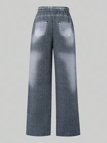 SHEIN ChillGRL Tween Girls' Casual Street Graffiti Print Wide Leg Pants - Black - View 2