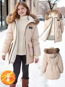 SHEIN Parka de niña para otoño/invierno, nueva llegada, con cuello de piel, bolsillos grandes, con capucha, cintura ajustada, moda minimalista, abrigo de algodón de largo medio