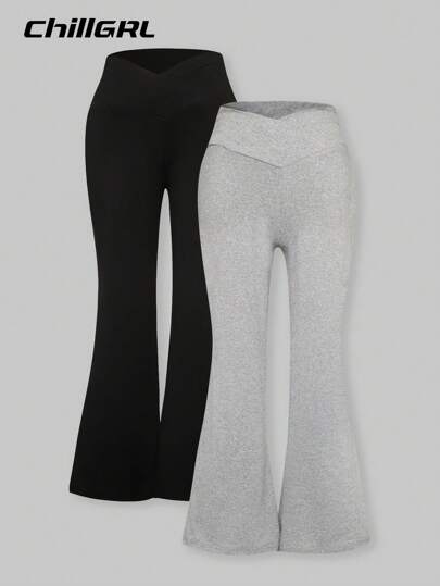 SHEIN 2 piezas Pantalones casuales de unicolor para niñas preadolescentes, diseño de cintura alta, cómodos y transpirables