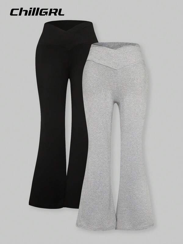 SHEIN 2 piezas Pantalones casuales de unicolor para niñas preadolescentes, diseño de cintura alta, cómodos y transpirables