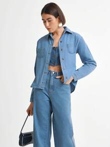 Daynim Stone Wash Button Front Denim Top - Light Wash - View 3