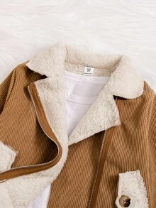 Young Girl Zipper Collar Long Sleeve Patchwork Fleece Casual Motorcycle Jacket Fall Winter - Khaki - View 4