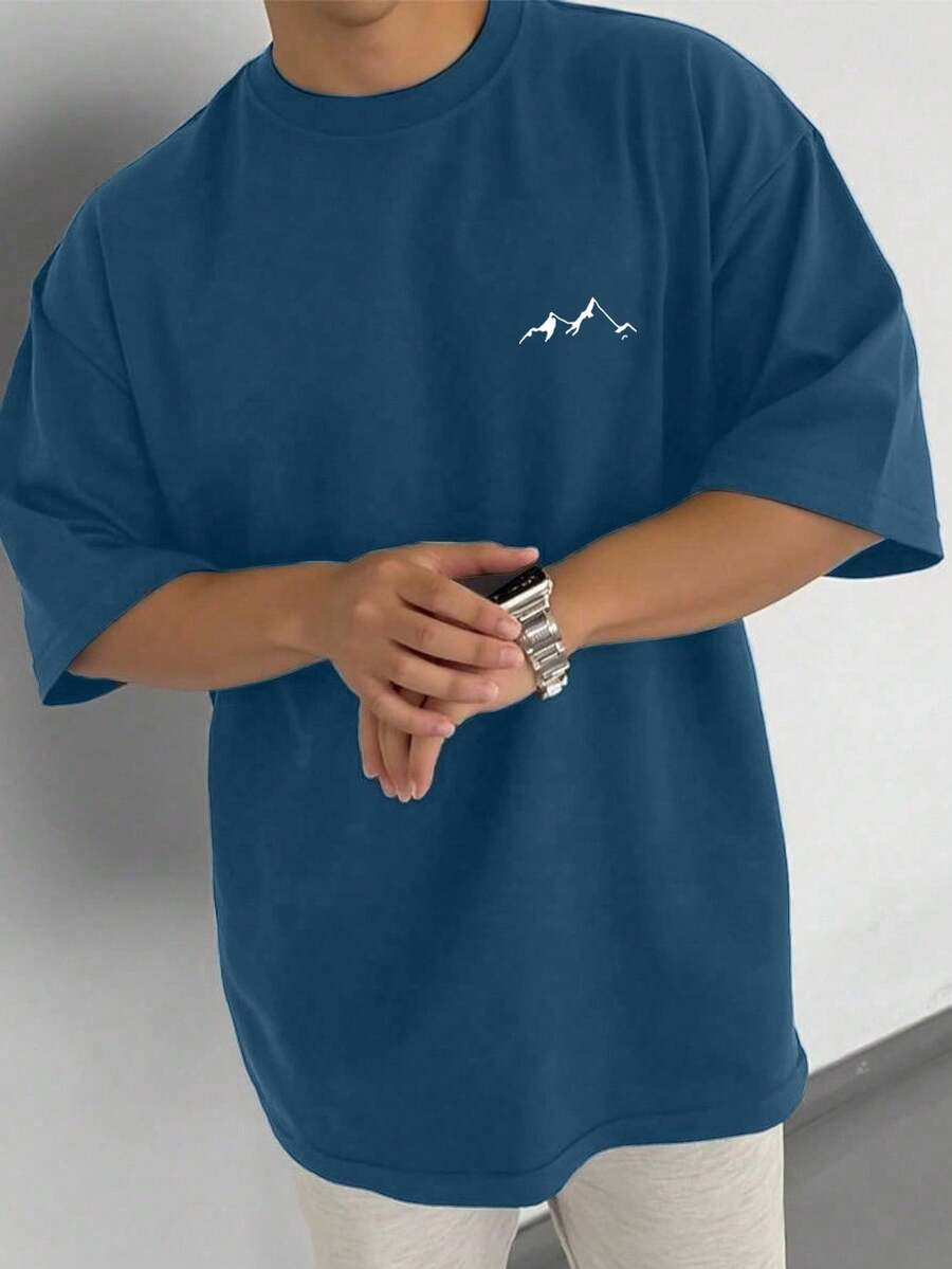 Manfinity Homme 大码男士休闲印花圆领短袖T恤 - 藍色 - 查看 1