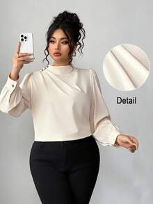 Elenzga Áo sơ mi dài tay cổ xếp ly màu trơn cỡ lớn thanh lịch cho văn phòng - Màu be - Xem 1