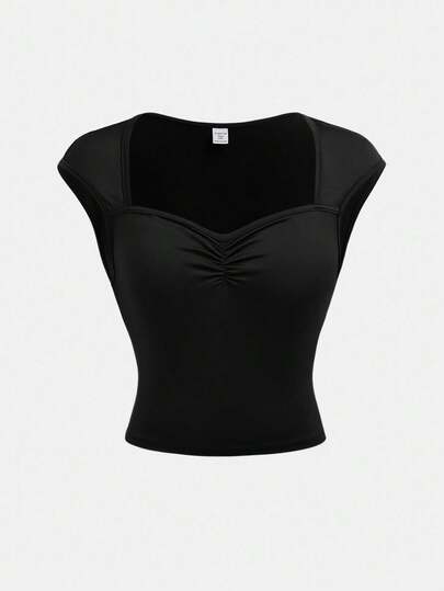 SHEIN Tween Girl Solid Color Ruched Bust Sweet Girl's School Casual Shrug T-Shirt, Suitable For Back-To-School, Cute, Holiday Family Outdoor Fall Picnic, Everyday Wear