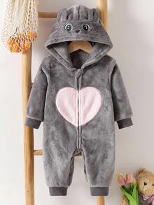 女婴灰色和粉色心形图案长袖连体睡衣 - 灰色 - 查看 7