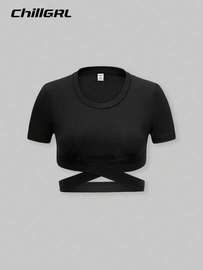 SHEIN Camiseta de manga corta con escote redondo minimalista y elegante para niñas preadolescentes, de unicolor y con diseño de calado, suave y agradable a la piel