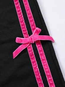 SHEIN Explorewe Tween Girls Letter & Fruit Print Crop Top And Bowknot Splicing Long Pants 2Pcs Outfit Set, School, Campus, College - Black - View 7