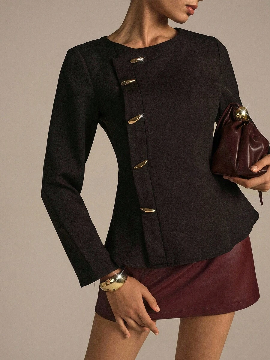 Modelyn 编织无弹力黑色长袖金属纽扣修身户外衬衫,时尚优雅,适合女性,女士秋季服装,女士西装外套,女士优雅衬衫 - 黑色 - 查看 1