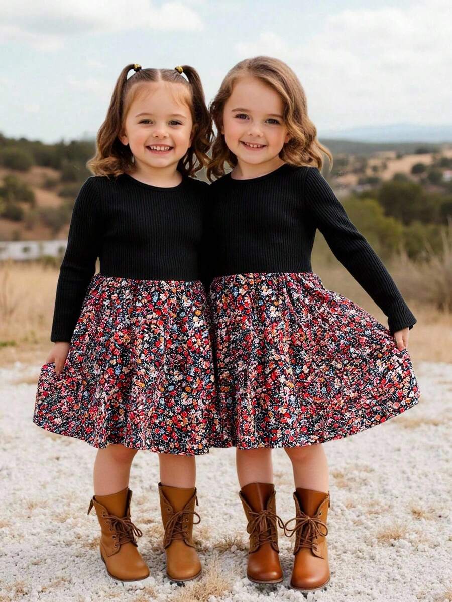Emery Rose Kids Emery Rose Kids Young Girl Ribbed Fitted Patchwork Ditsy Floral Round Neck Long Sleeve Fitted Casual Cake A-Line Dress,Autumn Winter New Arrival,Daily Wear, School, Autumn & Winter Fall