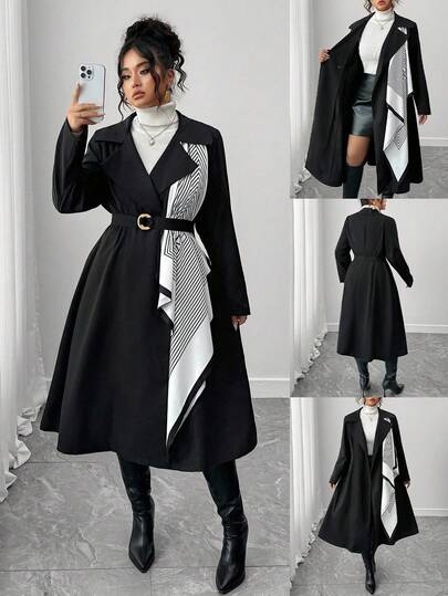 Elenzga Never Out Of Style: Gothic Prep With A Wednesday Twist. Embrace Your Inner Shadow Dark Feminine Fashion. Plus Size Women's Fashionable Trench Coat 2025 New Style, Old Money Wind Scarf Patchwork Decor Windbreaker, Suitable For Back To School, Graduation, Valentine's Day, Music Festival, Mother's Day, Halloween, Thanksgiving, Easter, National Day, Gala, Date Party, Wedding Season, Outdoor Excursion Winter Fall Autumn